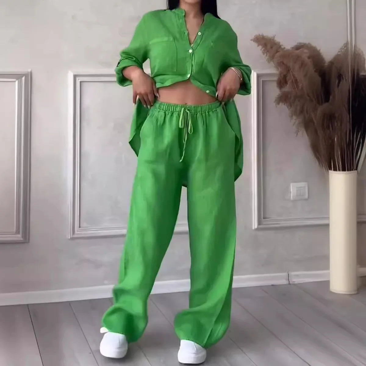 Women's  Color Long Sleeve Shirt And Wide Leg Pants Two-Piece Set Button-Up Tie Waist Long Pants Fashionable Ensemble