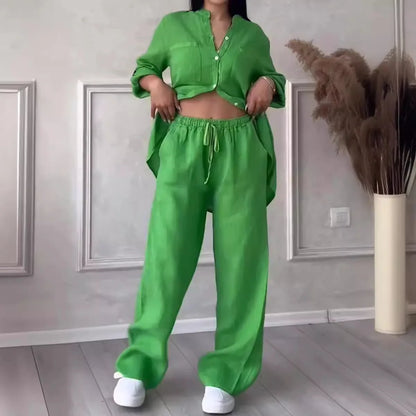 Women's  Color Long Sleeve Shirt And Wide Leg Pants Two-Piece Set Button-Up Tie Waist Long Pants Fashionable Ensemble