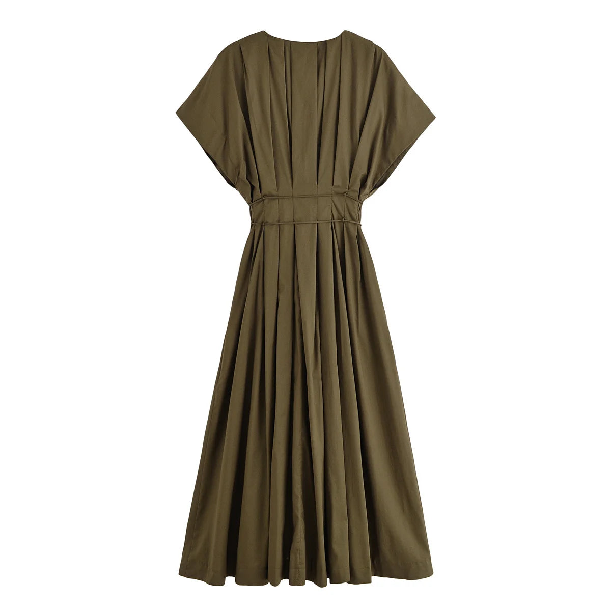 HH Women's Summer Fashion V-neck Lace-up Midi Short Sleeve Dress Female Elegant Backless Pleated Sexy Waist Long Dress