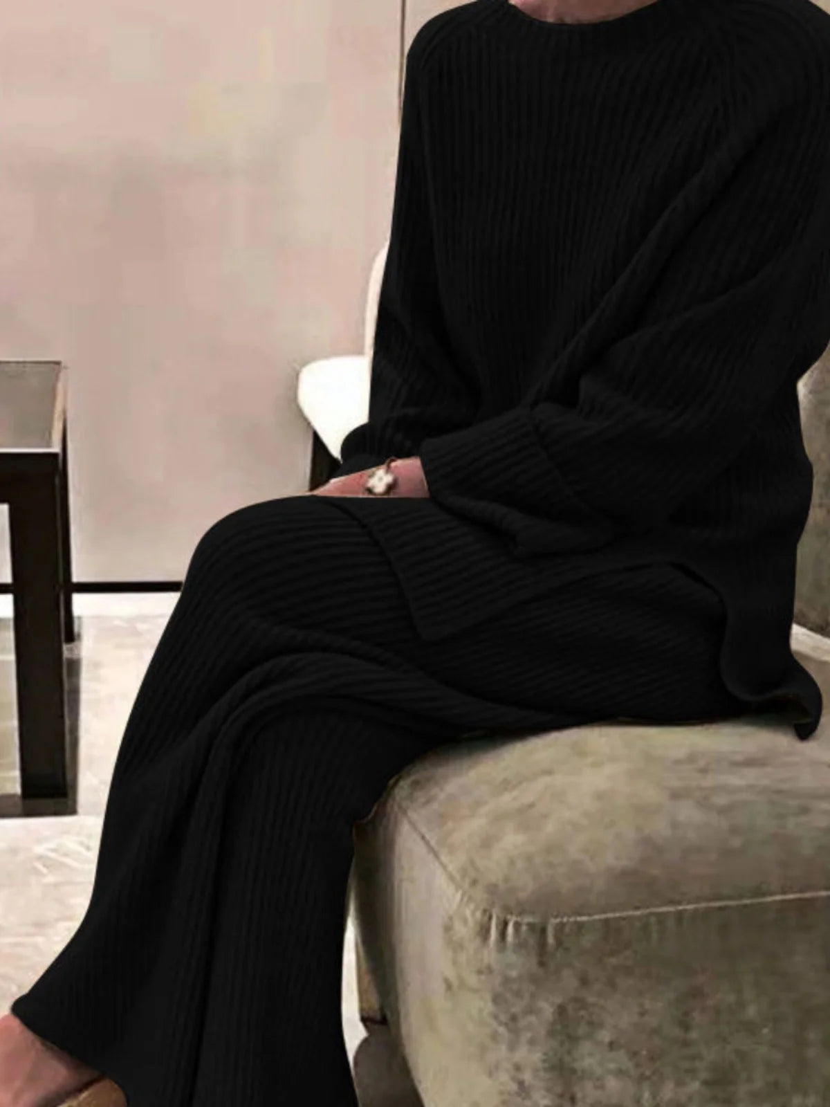 Casual Women's Knitted Sweater Two-Piece Set Cross-Border Fashion Spring Long Sleeve Pants Long Pants Suitable for 18-25 Year...