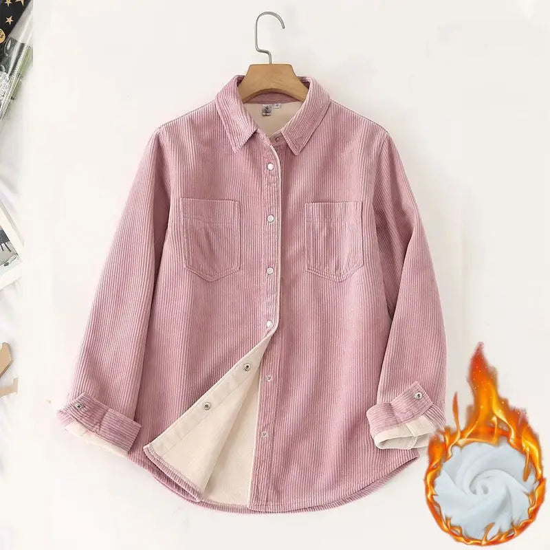 Autumn Winter Thickened Fleece Women's Long Sleeve Shirt Pure Color Corduroy Open Cardigan Loose Top Outerwear Jacket