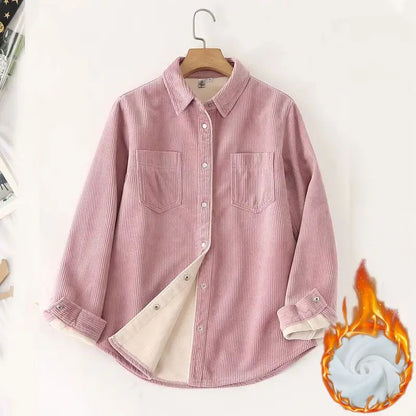 Autumn Winter Thickened Fleece Women's Long Sleeve Shirt Pure Color Corduroy Open Cardigan Loose Top Outerwear Jacket