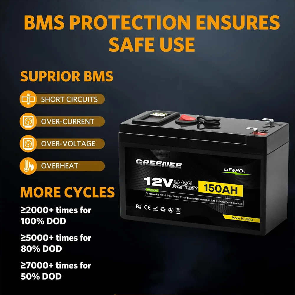 12V 150Ah Lithium LiFePO4 Deep Cycle Battery 4000+ Cycles Rechargeable Battery Lithium Iron Phosphate for Solar Wind Power