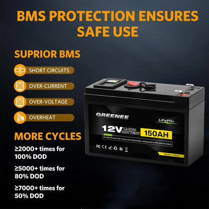 12V 150Ah Lithium LiFePO4 Deep Cycle Battery 4000+ Cycles Rechargeable Battery Lithium Iron Phosphate for Solar Wind Power