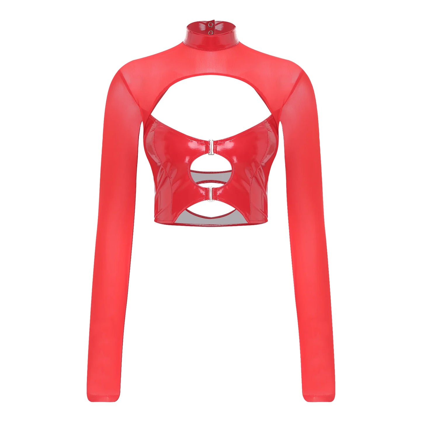 Womens Sheer Mesh Leather Patchwork Crop Top Long Sleeve Hollow Out Slim Fit Glossy Blouse Tops for Halloween Party Raves Dance