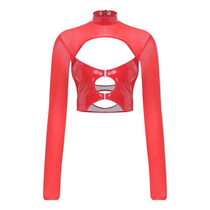 Womens Sheer Mesh Leather Patchwork Crop Top Long Sleeve Hollow Out Slim Fit Glossy Blouse Tops for Halloween Party Raves Dance
