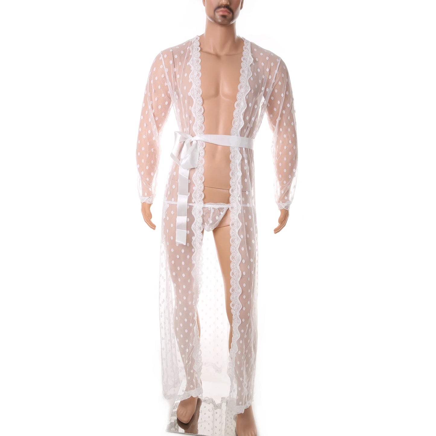 Men Robe Long Sleeves Bathrobe Kimono Mens Pajamas Lace See-through Bathrobe Night Dressing Gown With Jockstrap Thong Set