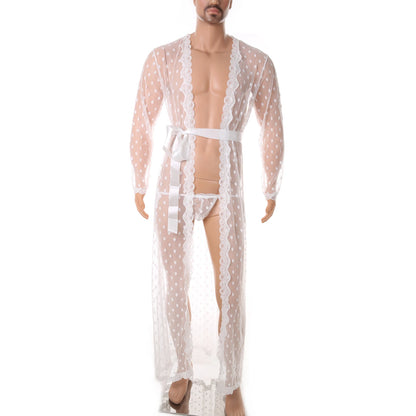 Men Robe Long Sleeves Bathrobe Kimono Mens Pajamas Lace See-through Bathrobe Night Dressing Gown With Jockstrap Thong Set
