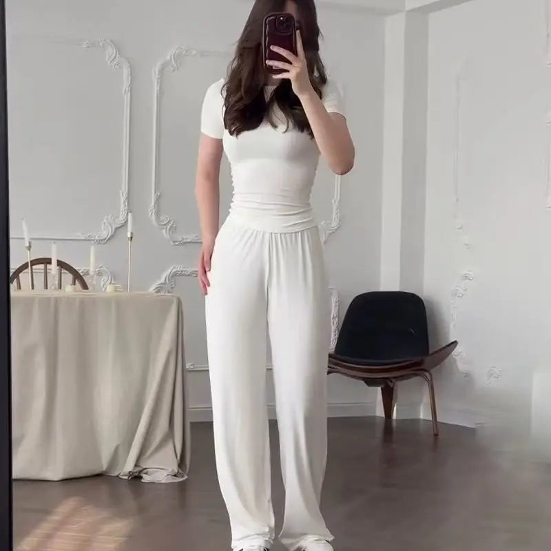Slimming round Neck  Color Top Wide Leg Pants Fashionable Two Piece Set Summer New Style Casual Wear Polyester Fiber