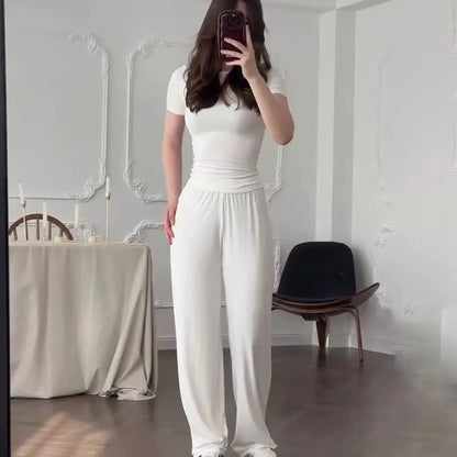 Slimming round Neck  Color Top Wide Leg Pants Fashionable Two Piece Set Summer New Style Casual Wear Polyester Fiber