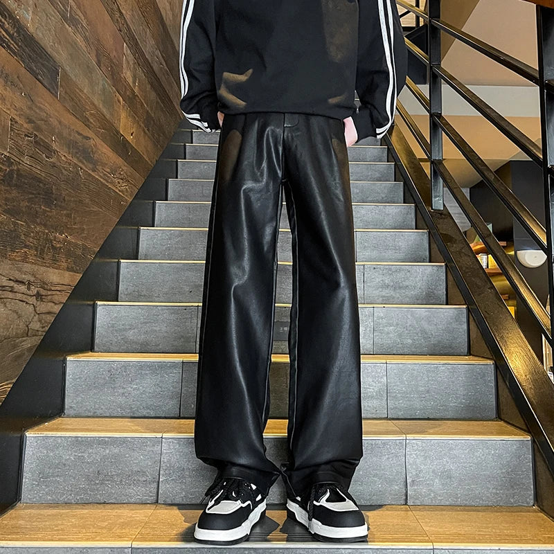 2024 Men's PU Leather pants Fashion baggy Motorcycle Pants Men Wide-leg Mopping Trousers All-match Windproof Plus Size 8XL-M