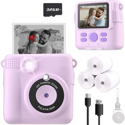 Instant Print Camera for Kids, HD Digital Video Cameras, Portable Toy for 4-10 Year Old Girls Boys with 32GB SD Card-Purple