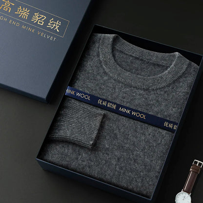 100% Pure Mink Cashmere Men's Round Neck Sweater For Autumn Winter, Casual Knitted Long Sleeved Pullover Sweater Men's Clothng