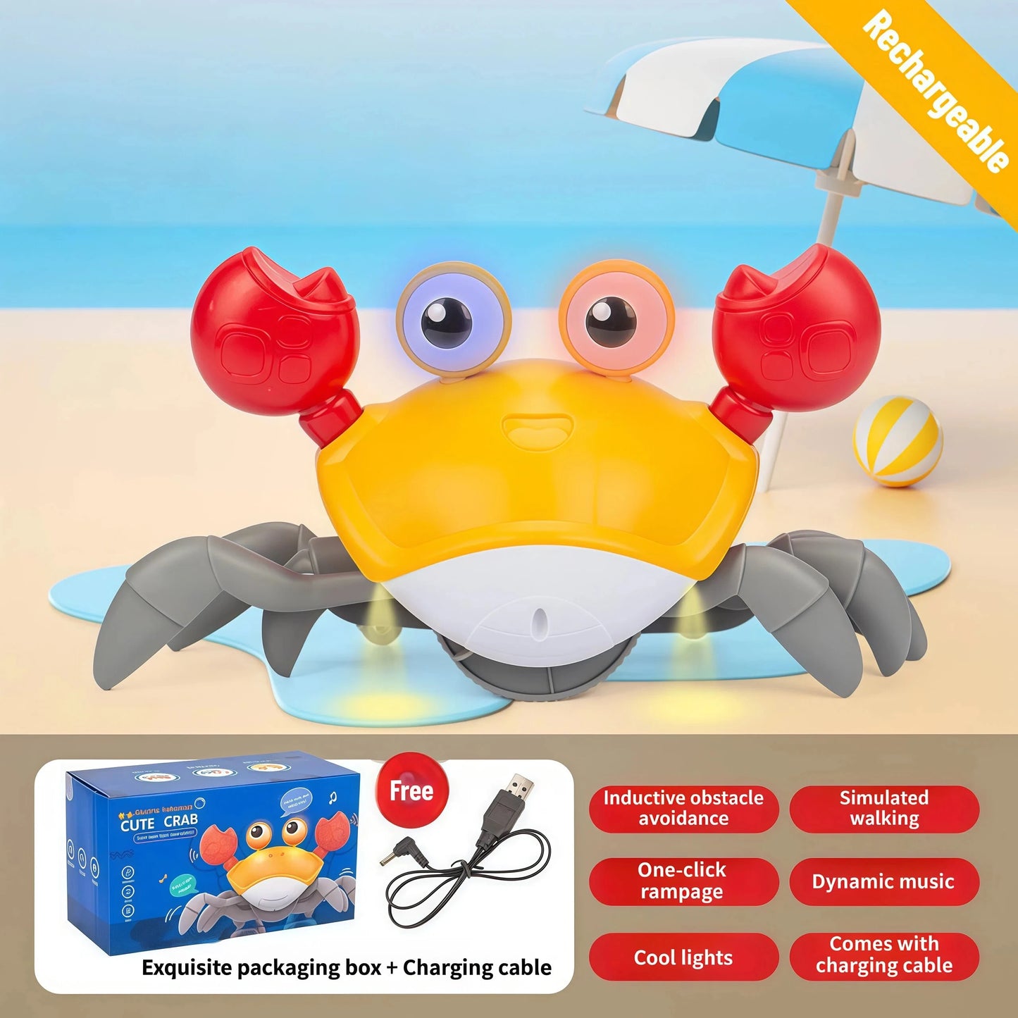 Interactive Escaping Crab Toy Induction Robot Crab Auto Obstacle Avoidance Electronic Pet with Music LED Lights Rechargeable 14+