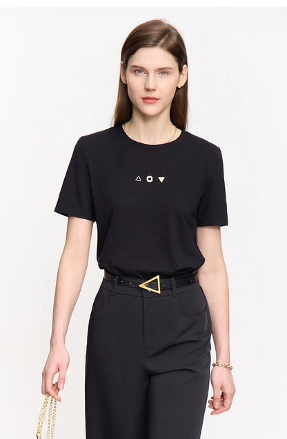 Amii Minimalist T-shirt Women's Tops O-neck Short Sleeves Geometric Decoration Antibacterial Cotton Elastic Casual Tees 12521088