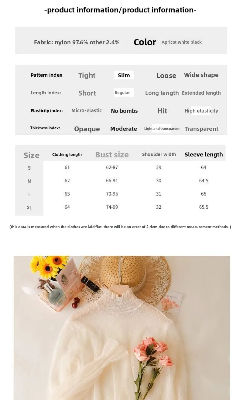 Women's Lace Base Shirt Long Sleeve High Collar Mesh Top 2023 Autumn Fashion Transparent Thin Film Inner Wear Versatile Slim Fit