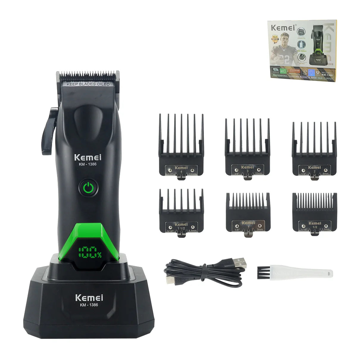 Kemei 1386 Men's Hair Clipper 8000RPM DLC Blade with Base Charger LED Display 2000mAh Professional Hair Cutting Machine Trimmer