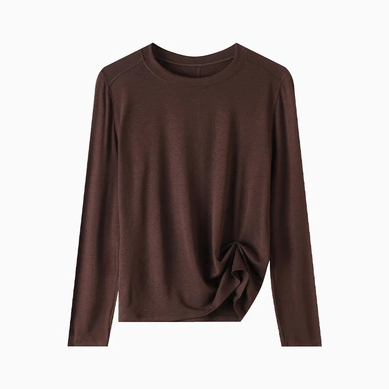 Niche Luxury Women's Solid Color Crew Neck Long Sleeve Knit Top, Soft Breathable Fabric, Casual Daily Inner Wear for Summer