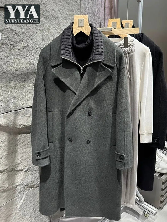 Business Men Winter Work Double Sided Woolen Detachable Knitted Collar Trench Coat Belt Double Breasted Wool Blends Windbreaker