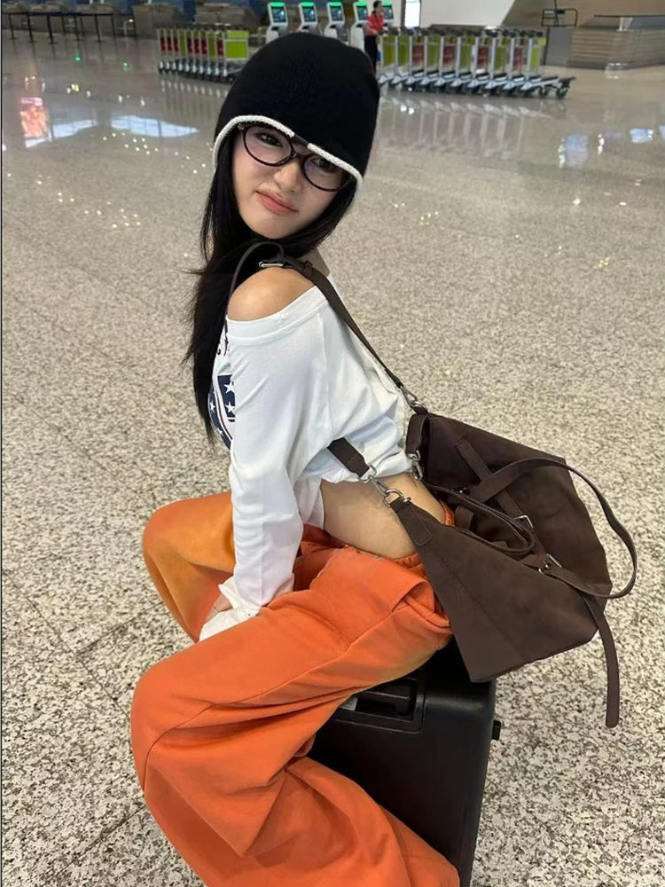 NUOMICI Women's Jeans Orange Mid Low Waist Washed Retro Wide Leg Loose Sports Kpop Hip-hop Street Pants Fashion Women's Pants