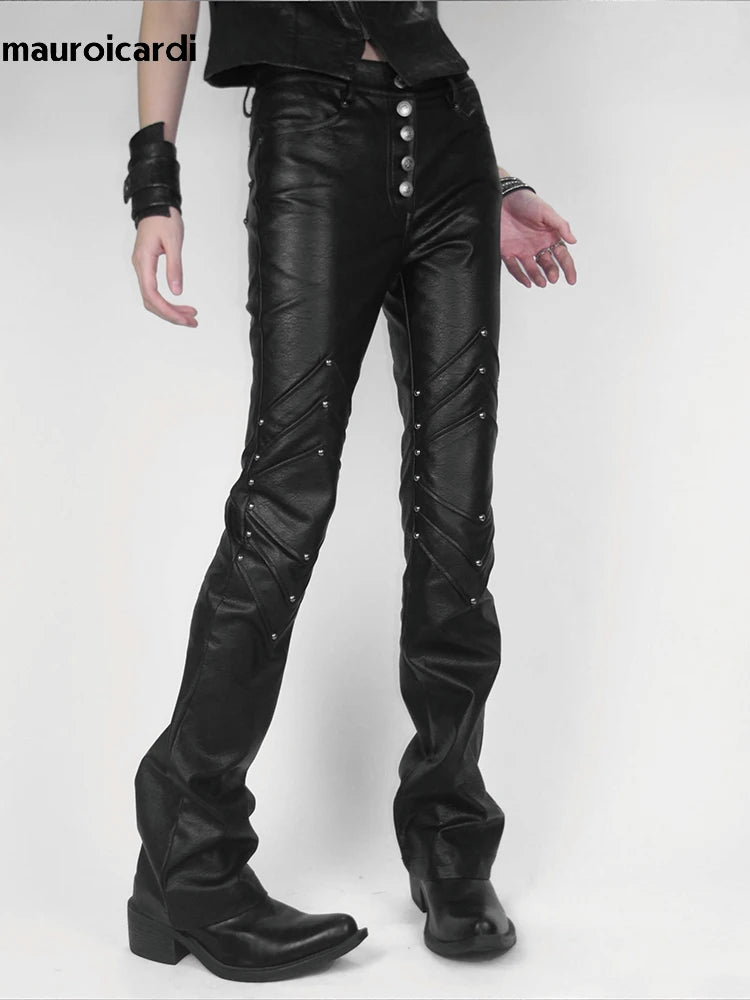 Mauroicardi Spring Autumn Long Black Fitted Pu Leather Pants Man Rivet Luxury Brands Original Alternative Punk Style Clothes