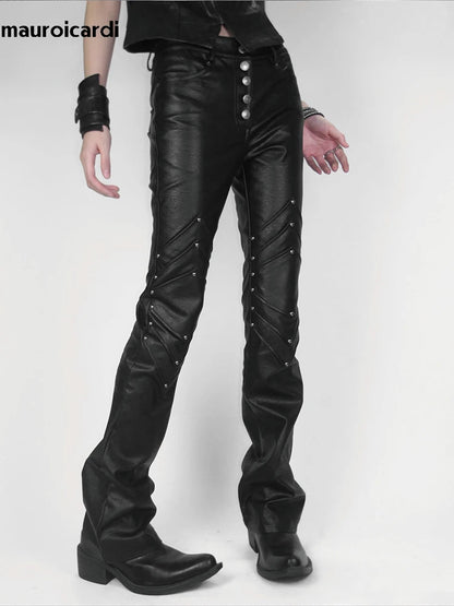 Mauroicardi Spring Autumn Long Black Fitted Pu Leather Pants Man Rivet Luxury Brands Original Alternative Punk Style Clothes