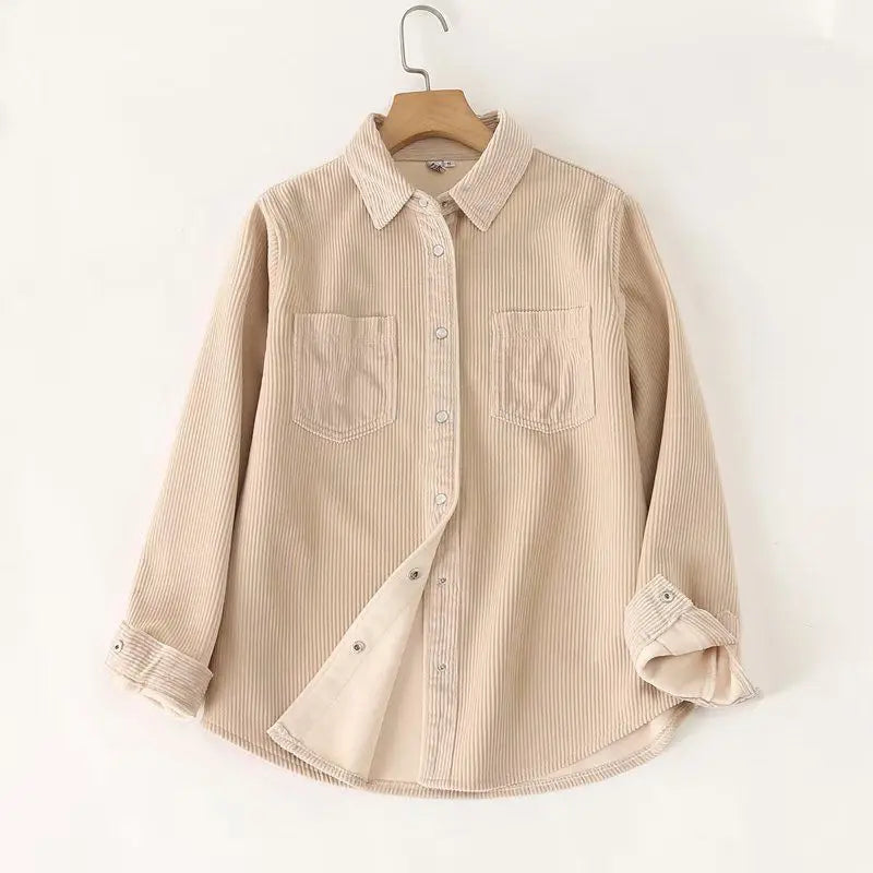 Autumn Winter Thickened Fleece Women's Long Sleeve Shirt Pure Color Corduroy Open Cardigan Loose Top Outerwear Jacket