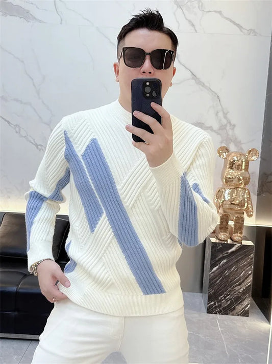 Men New Winter Knitwear Mixed Colors Long Sleeve Thicken Warm Woolen Sweater Mens Slim Fit O Neck Fashion Pullover Knitted Tops