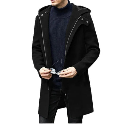 Autumn Winter Men's Woolen Coat Casual Fashion Hooded Zipper Coats Mid-length Men's Lining Clothing
