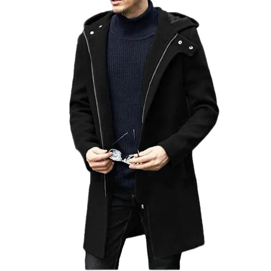 Autumn Winter Men's Woolen Coat Casual Fashion Hooded Zipper Coats Mid-length Men's Lining Clothing