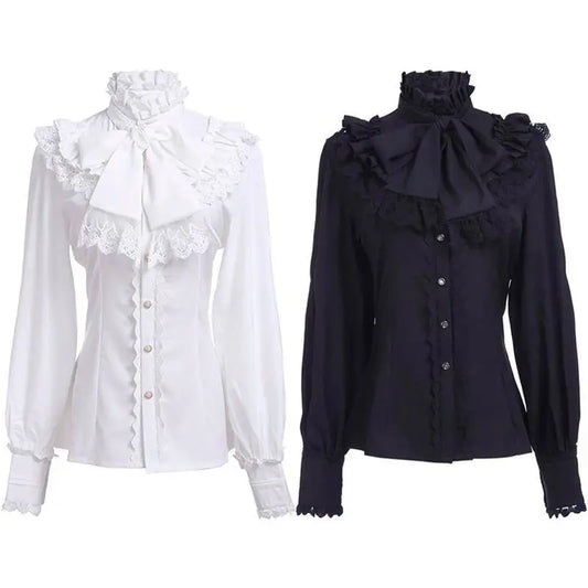 2026 Summer New Arrival Women's Vintage Ruffle Collar Shirt High Neck Lace Trim Button Down Shirt Elegant Gothic Blouse Tops