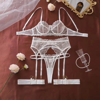 French Women's Lingerie Sets Fantasy Embroidered Bra Belt Thong with Leg Circles Elegant Floral Romantic Cute Miss Underwear New