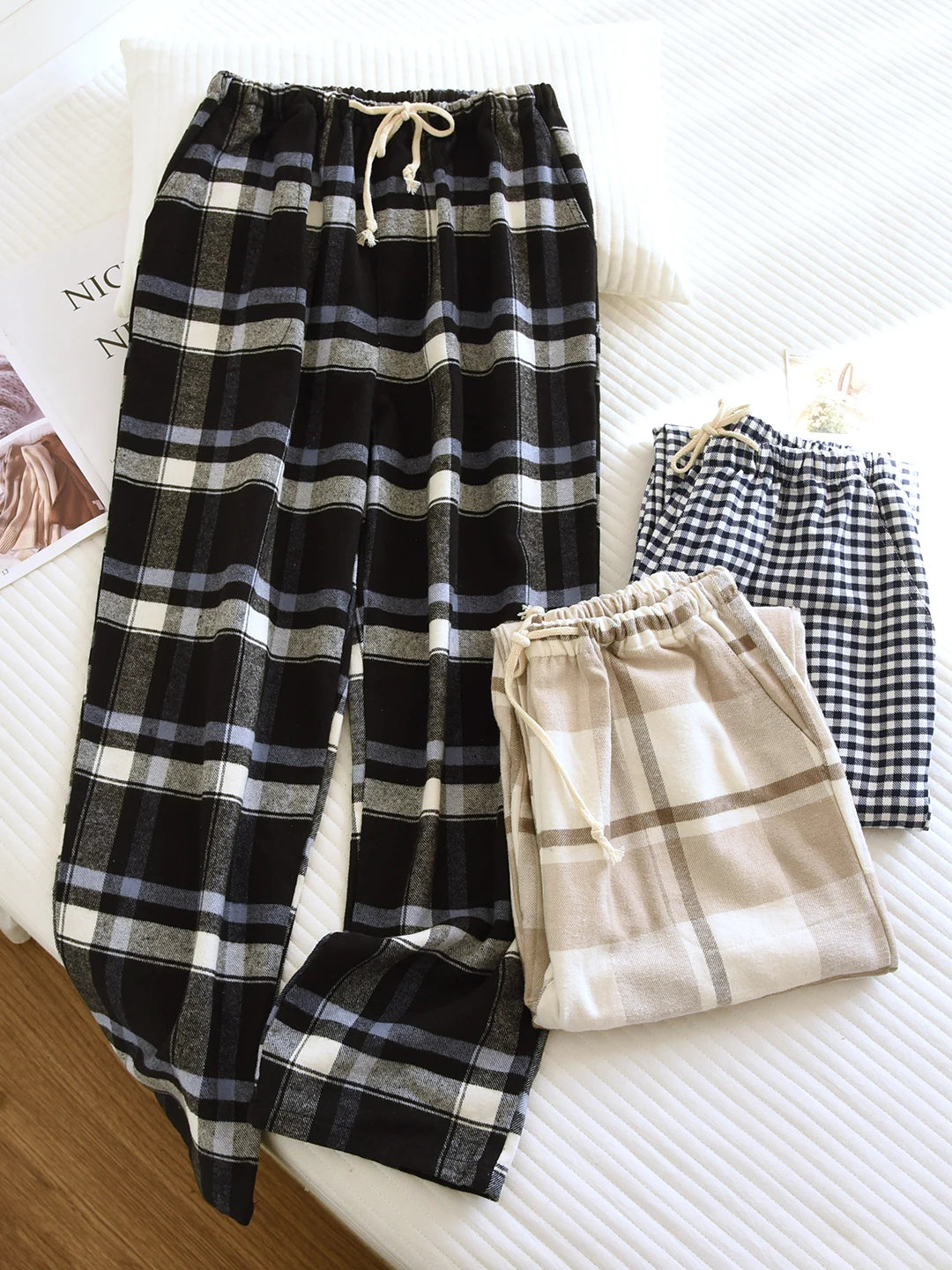 Cotton Flannel Plaid Sleepwear Loose Fit Home Pants Casual Wear for Men And Women Autumn Spring Seasonal Comfortable Long Pants