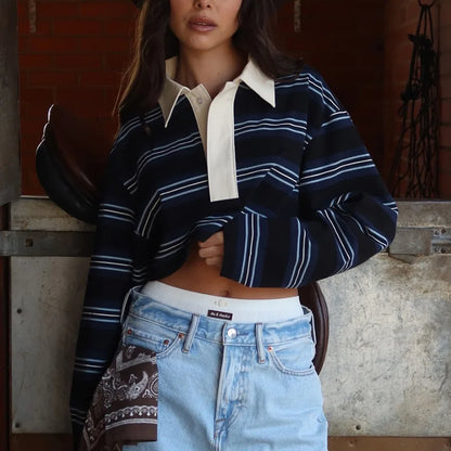 Casual Striped  Shirt Women's Loose Long Sleeve Classic Style American Leisure T-Shirt for Autumn New Arrival