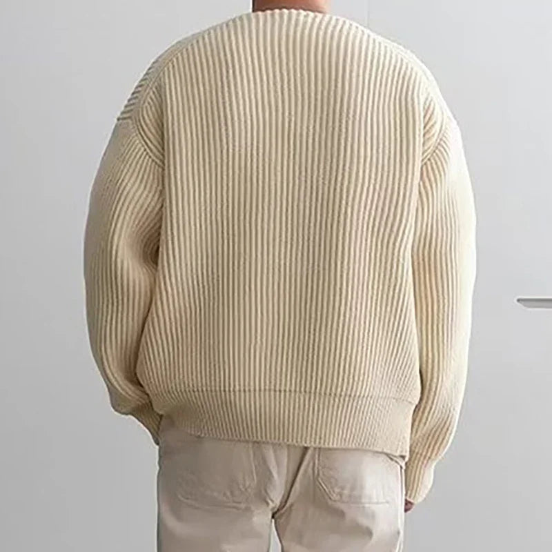Men's Solid Color Zipper Cardigan Sweater Winter New Multiple Pockets Knit Sweater Coats Casual Stand Collar Cardigan Outerwear