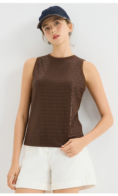 KX7613768 Luxury Chic Glitter Blouse Women's Viscose Elastane Sequin Tank Top Polyester Lining Fitted Vest