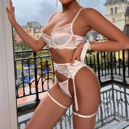 French Elegant Lace Womens Lingerie Sets Gorgeous Satin Patchwork Bra 5PC Pure White Wedding Soft Intimate Sexy Girls' Underwear