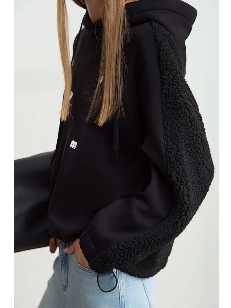 Amii Drawstring Hooded Splicing Imitation Lamb Wool Sweatshirt Embroidered 2024 Winter Women's Loose Thermal Tops 12444131