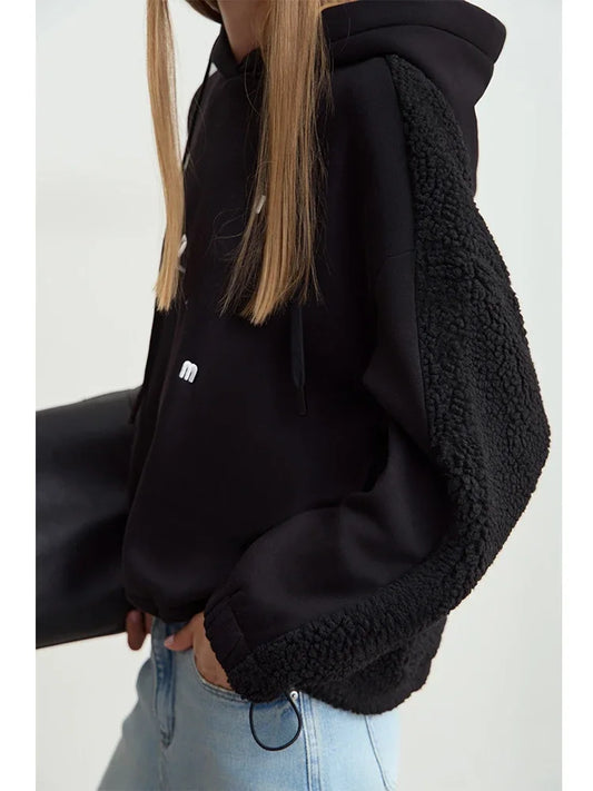 Amii Drawstring Hooded Splicing Imitation Lamb Wool Sweatshirt Embroidered 2024 Winter Women's Loose Thermal Tops 12444131