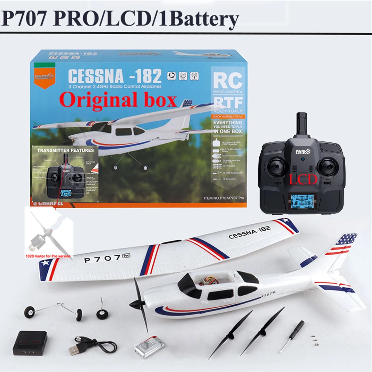 Parkten RC Airplane P707G PRO LCD Version 2.4G 3D/6G With Gyro 3Ch Fixed Wing Plane Outdoor Toys Drone RTF CESSNA 182 Glider