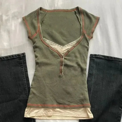 Pure Cotton American Retro Style V-Neck Button Plaid Short Sleeve Fake Two-Piece T-Shirt  Girl College Style Top for Women