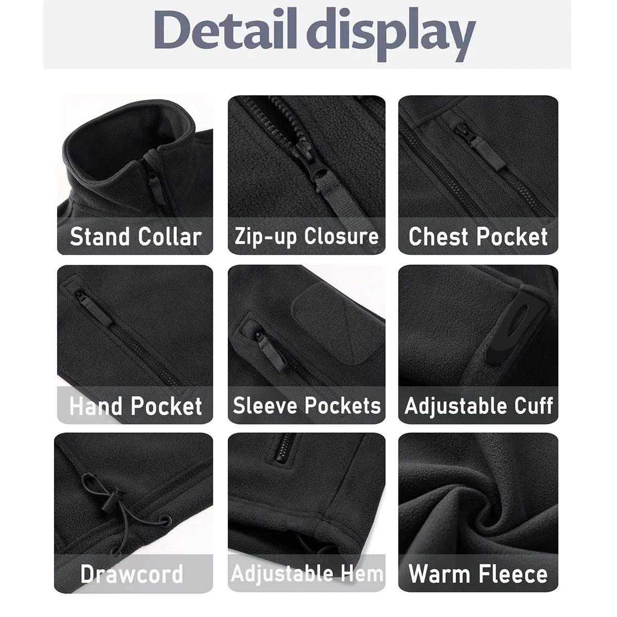 Men's Fleece Jacket Soft Warmth Windproof Full Zip Up Coat Multiple Zipper Pockets Hiking Working Outdoors Windbreaker