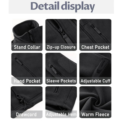 Men's Fleece Jacket Soft Warmth Windproof Full Zip Up Coat Multiple Zipper Pockets Hiking Working Outdoors Windbreaker