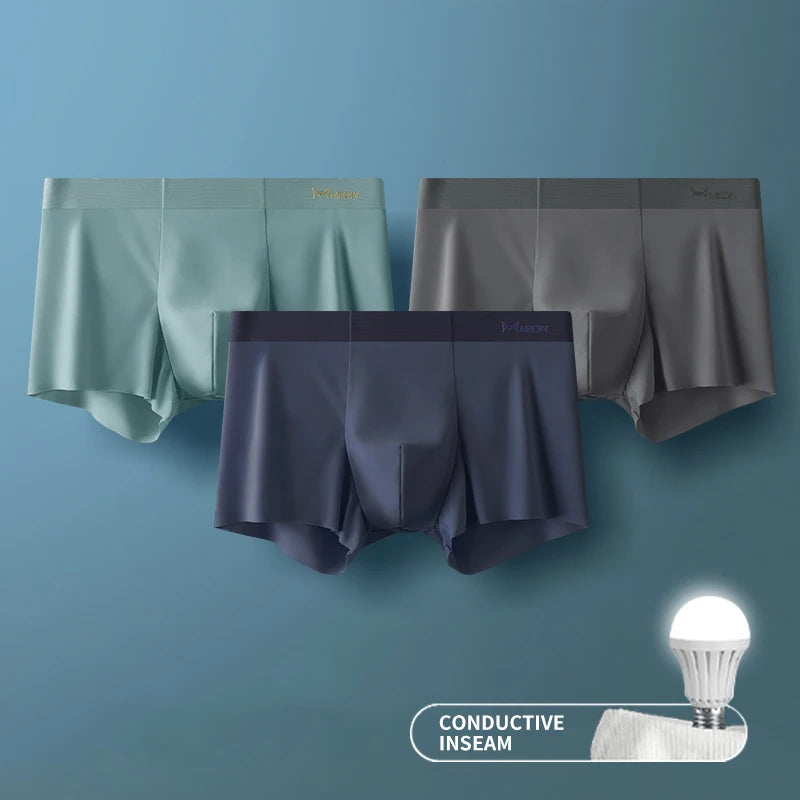 MIIOW 3Pcs Ice Silk Man Underwear Boxer Metal Fiber Antistatic Men Underpants Seamless Cut Hem Men's Panties Boxers Shorts Trunk