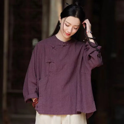 plus Size Women's Cotton Linen Shirt Spring Autumn New Style Zen Clothing Stand Collar Button up Outerwear Fashionable Commut...