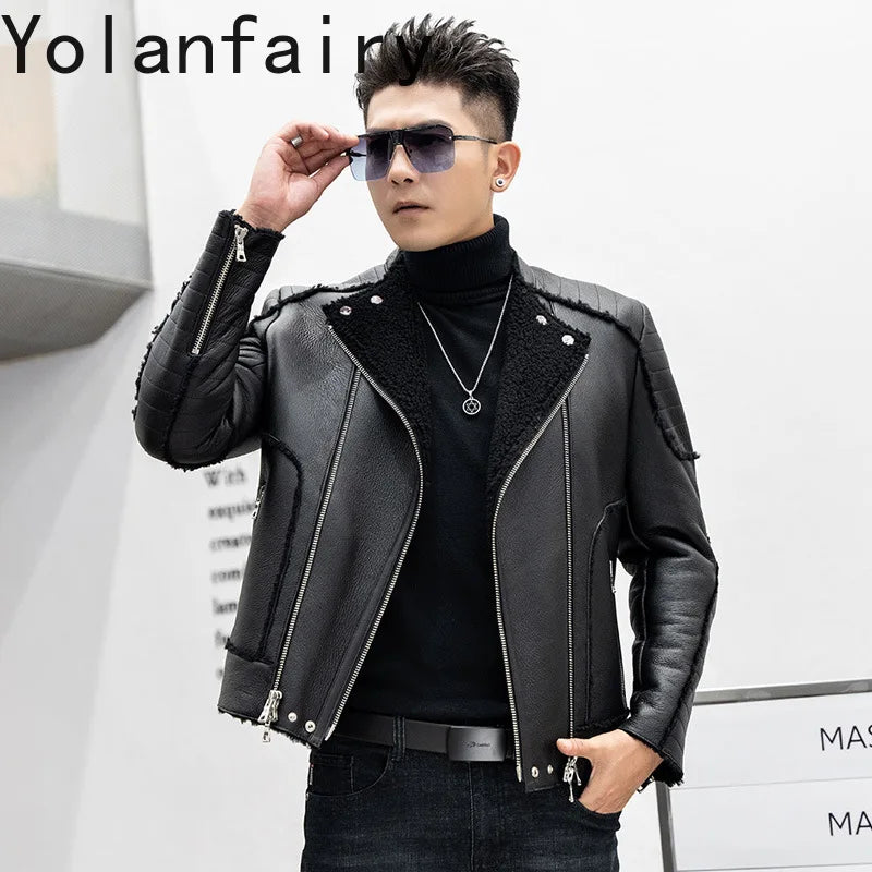 YOLANFAIRY New Luxury Winter Natural Wool Fur Coat Man Short Warm Men's Motorcycle Genuine Leather Jacket Real Sheepskin Coats