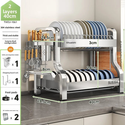 304 Stainless Steel Dish Storage Rack Kitchen Multifunctional Storage Dish Drain Rack Countertop Kitchen Accessories