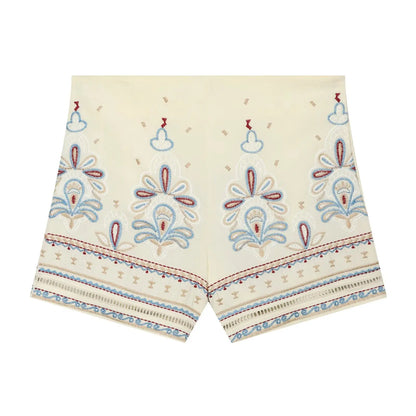 Stylish Embroidered Short Sets for Women Summer Matching Sets Round Neck Embroidered Short Sleeve Blouse and High-waisted Shorts