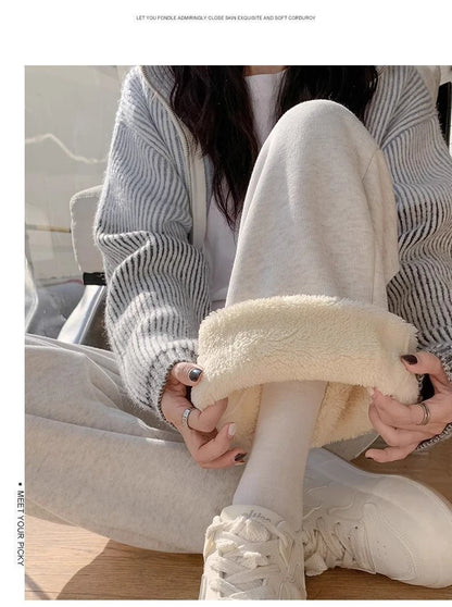 Thickened Fleece Women's Sports Pants Autumn Winter New Style Casual Loose Wide Leg Sweatpants High Waist Polyester Fiber