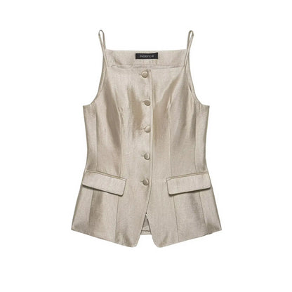 HH Woman Slim Single-breasted Sleeveless Tube Top Vest+Spring Elegant Pockets High Waist Straight Leg Pants Solid 2 Piece Set